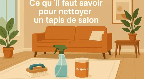 Apprenez comment laver un tapis de salon avec ces outils : brosse, spray nettoyant et bicarbonate de soude.