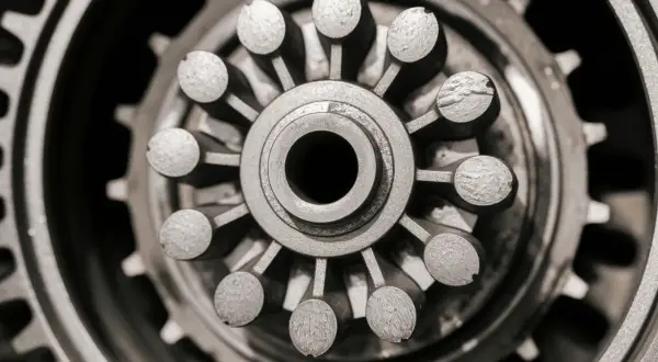 Gros plan d'une pièce mécanique complexe, peut-être une roue dentée ou un moyeu, évoquant une fuite de joint spi boîte de vitesse.