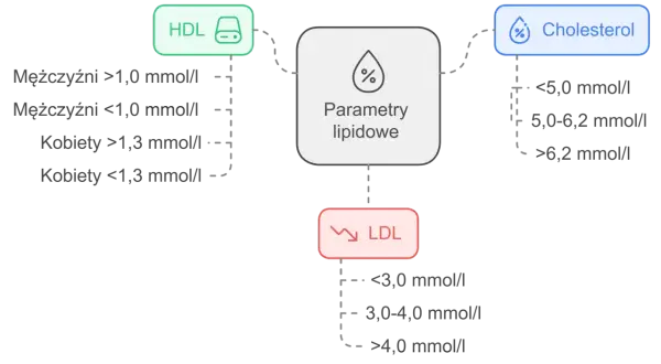 Schemat parametrów lipidowych: HDL, Cholesterol i LDL. Podano normy dla mężczyzn i kobiet. LDL poniżej 3,0 mmol/l jest optymalny.