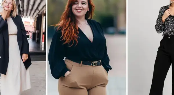 Trzy stylizacje plus size: beżowa sukienka z marynarką, czarna bluzka z brązowymi spodniami, czarna bluzka z czarnymi spodniami.
