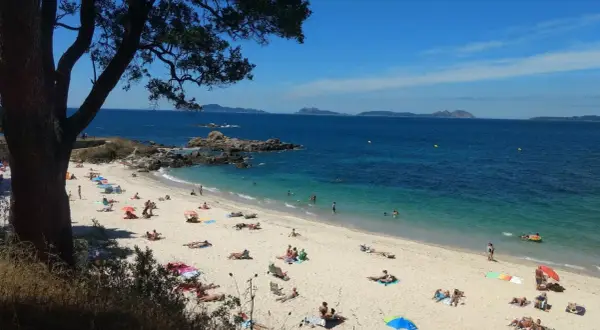 Gente disfrutando del sol y el mar en la **praia do tombo do gato**. Aguas cristalinas y arena dorada bajo un cielo azul.
