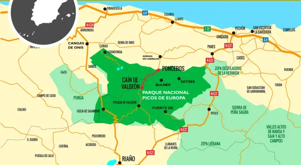 Mapa de la Ruta del Cares, mostrando su inicio en Caín de Valdeón y el Parque Nacional Picos de Europa.