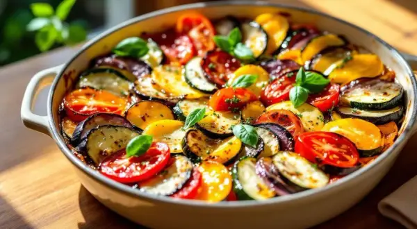 Un tian de légumes coloré, avec des rondelles d'aubergine, de courgette et de tomate disposées en spirale, garni de feuilles de basilic frais.