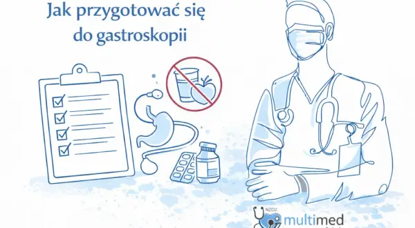 Przygotowanie do gastroskopii: lista kontrolna, zakaz jedzenia i picia, lekarz w masce i stetoskopie.