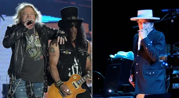 Axl Rose i Slash z Guns N' Roses wykonują "Knockin' on Heaven's Door". Obok Bob Dylan.