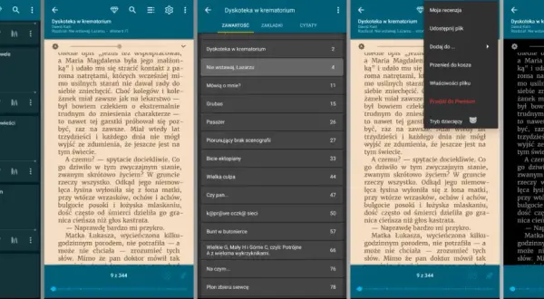 Darmowa aplikacja do czytania książek. Widok biblioteki z okładkami i tytułami, a także ekran czytnika z tekstem i ustawieniami.