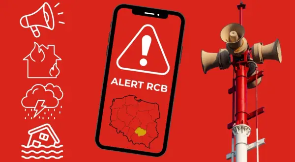 Ikony ostrzegawcze: syrena, pożar, burza, powódź. Telefon z napisem ALERT RCB i mapą Polski. Co oznaczają 4 sygnały straży pożarnej?