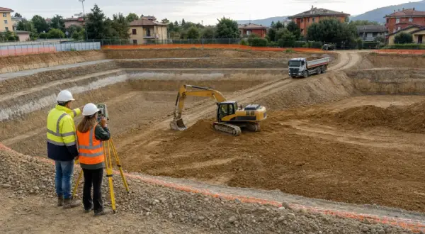 Operai supervisionano uno scavo a sezione ristretta con escavatore e camion.