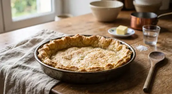 Tarte dorée sur une table en bois, sa pâte brisée croustillante prête à être garnie. Du beurre, du sel et de l'eau sont disposés à côté.