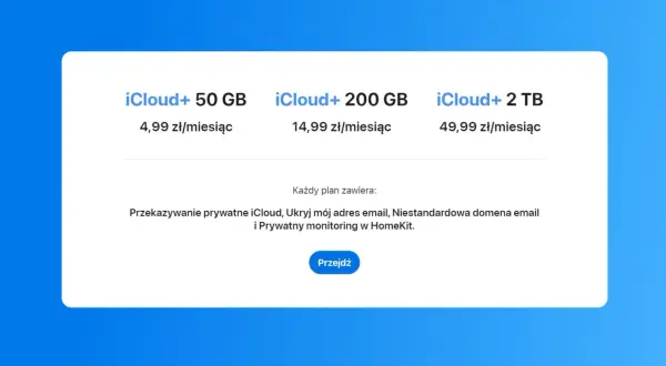 Wybierz jeden z pakietów iCloud+: 50 GB, 200 GB lub 2 TB. Każdy plan oferuje dodatkowe funkcje prywatności.