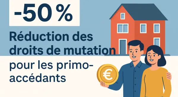 Réduction de 50% des droits de mutation immobilière pour les primo-accédants, symbolisée par un couple heureux tenant une pièce d'euro devant une maison.