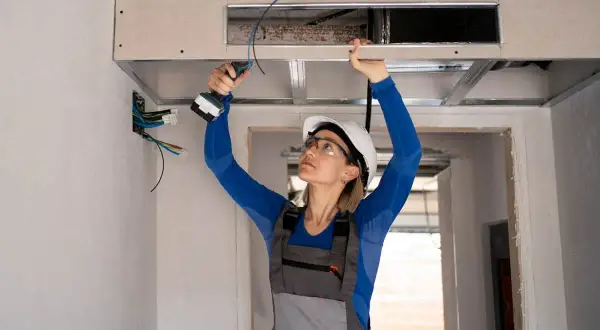 Une femme en casque et lunettes, avec une perceuse, installe un faux plafond pour un système de climatisation split gainable.