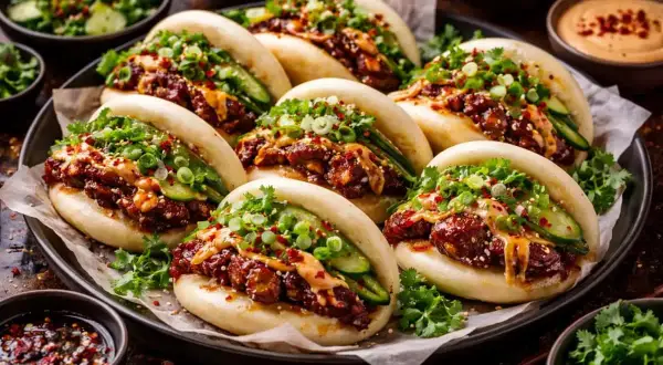 En tallrik med fluffiga bao buns fyllda med kött, gurka och toppade med salladslök. Ett perfekt bao buns recept för en smakrik måltid.