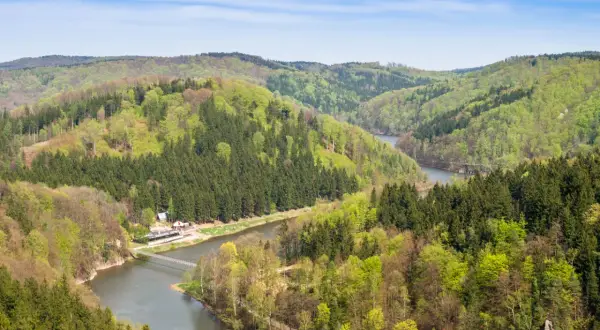 Góry Sowie w zieleni, z rzeką i mostem. Wyobraź sobie, jak dzieci biegają po ścieżkach wśród drzew.