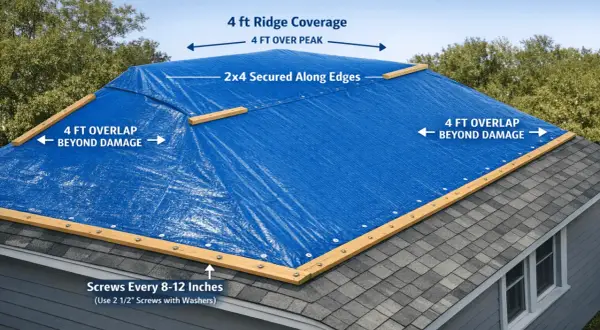 Diagram showing how to tarp a roof with a blue tarp, 4 ft overlap, and 2x4s secured along edges.
