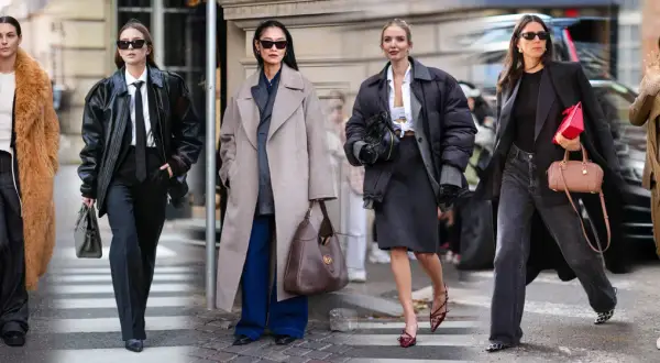 Sei donne sfoggiano look audaci: un giubbotto sopra giacca, cappotti eleganti e pellicce.