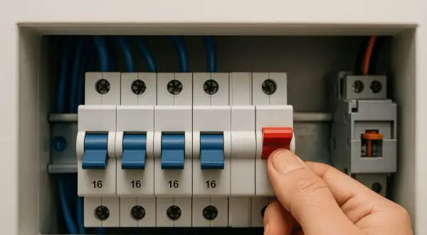 Dłoń włącza bezpiecznik w skrzynce elektrycznej. Wywaliło korki jak włączyć? Ten obrazek pokazuje, jak to zrobić.