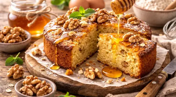 Un délicieux gâteau sans oeuf aux noix, arrosé de miel doré. Parfait pour un goûter gourmand.