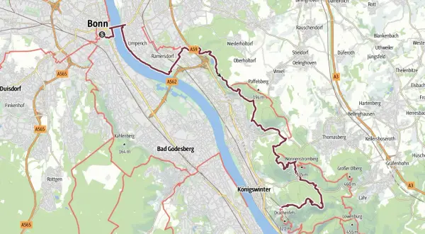 Karte zeigt die Rheinsteig Etappe 1 von Bonn nach Königswinter mit markiertem Weg über Berge wie Drachenfels.