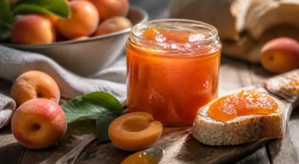 Ein Glas leuchtend orangefarbener Aprikosenmarmelade mit Alkohol, daneben frische Aprikosen und ein Brot mit Marmelade.