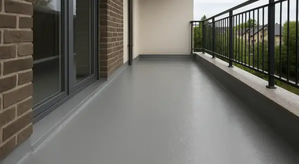 Szary, gładki balkon z płynną membraną dachową, z ceglaną ścianą i metalową balustradą.