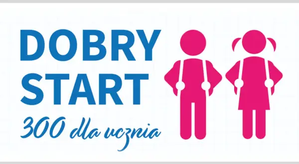 Program Dobry Start: 300 zł dla ucznia. Dwoje dzieci w różowych sylwetkach z szelkami.