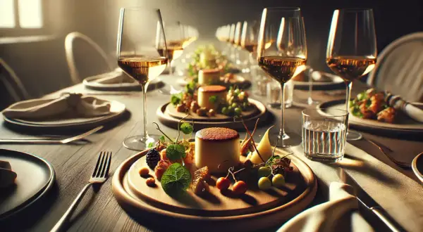 Ett elegant dukat bord med glas fyllda med gyllene vin, redo för en utsökt måltid. Små desserter med bär och frukt väntar. Perfekt vin till mat.