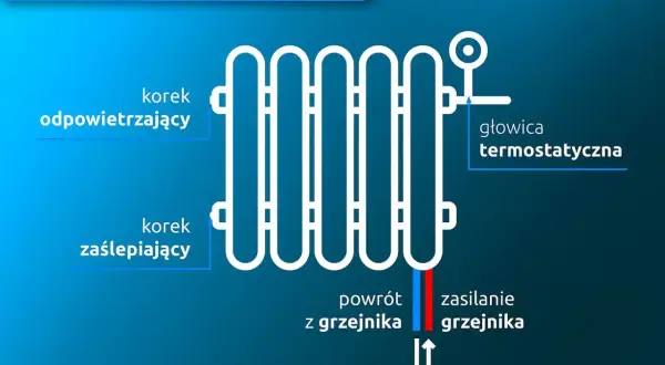 Schemat grzejnika z dolnym podłączeniem. Widać korek odpowietrzający, zaślepiający, głowicę termostatyczną oraz zasilanie i powrót. Pozwala to dobrać odpowiednie wymiary grzejników.