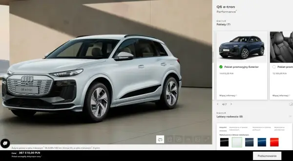 Białe Audi Q6 e-tron stoi na tle nowoczesnej architektury.