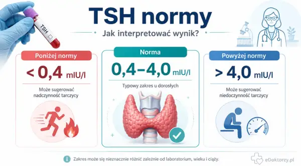 Jakie badania na tarczycę? TSH poniżej normy (<0,4 mIU/l) może sugerować nadczynność, powyżej normy (>4,0 mIU/l) niedoczynność. Norma to 0,4-4,0 mIU/l.