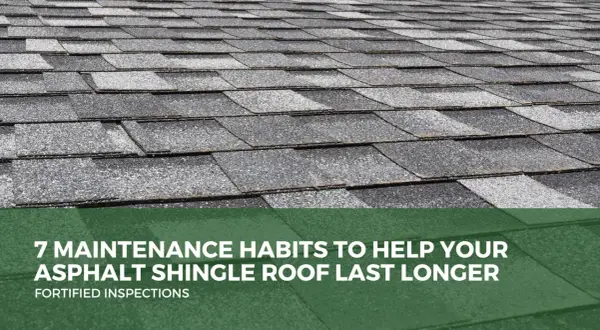 Close-up of a grey asphalt shingle roof, showing texture and overlap. Text reads: "7 Maintenance Habits to Help Your Asphalt Shingle Roof Last Longer.