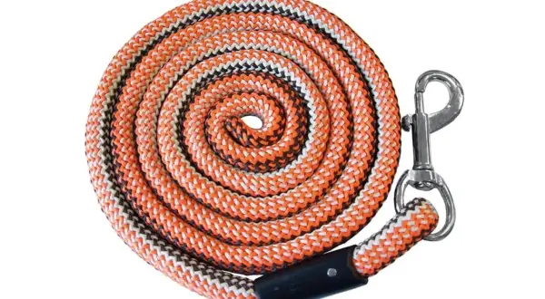 Pomarańczowy uwiąz z łańcuszkiem, zwinięty w spiralę. Gotowy na spacer z pupilem.