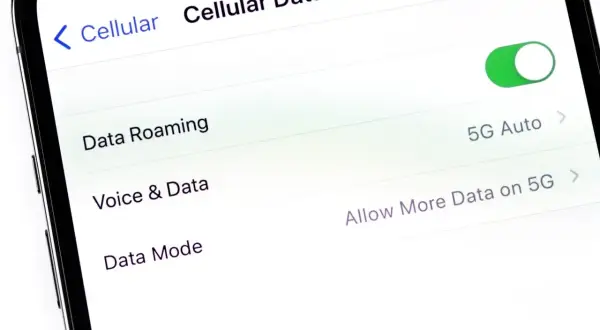 Ustawienia telefonu: "Data Roaming" jest włączone, co oznacza, że roaming włącza się automatycznie. Widoczne opcje 5G.