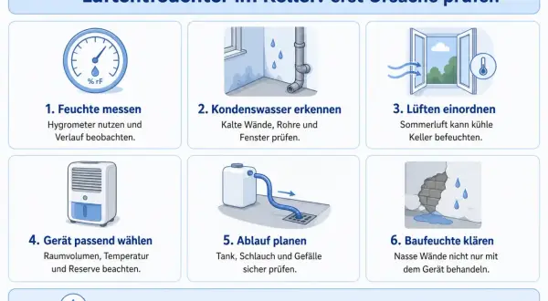 Keller nass was tun? Infografik zeigt 6 Schritte: Feuchte messen, Kondenswasser erkennen, Lüften prüfen, Gerät wählen, Ablauf planen, Baufeuchte klären.