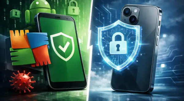 Szukasz dobrego antywirusa na telefon za darmo? Obraz przedstawia ochronę smartfonów przed wirusami i zagrożeniami cyfrowymi.