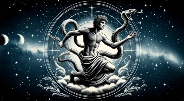 Wężownik, znak zodiaku, w otoczeniu gwiazd i księżyców, walczy z wężem.