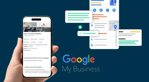 Perfil de Google My Business optimizado para SEO, mostrando información de contacto y reseñas de Wiprox Soluciones Digitales en Madrid.