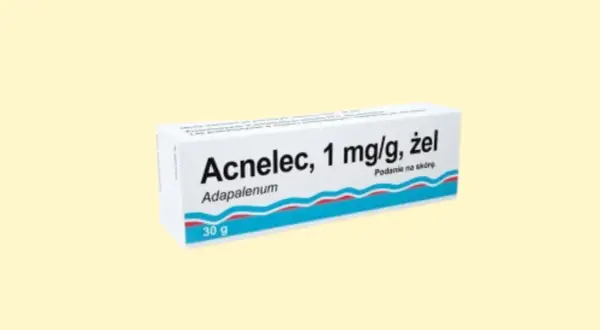 Opakowanie żelu Acnelec 1 mg/g z adapalenem, przeznaczonego do stosowania na skórę.