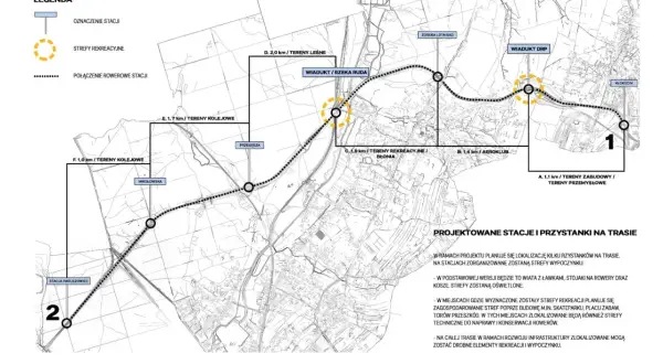 Mapa projektowanych tras rowerowych w Rybniku z zaznaczonymi stacjami, strefami rekreacyjnymi i połączeniami.