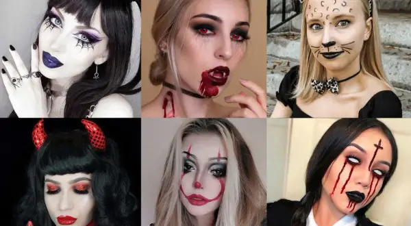 Sei donne con diversi look di trucco halloween: vampiro, gatto, diavoletto, clown e gotico. Un trucco halloween donna semplice ma d'effetto.