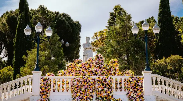 Escaleras adornadas con miles de flores coloridas, un preludio a los **festivales en Zaragoza**.