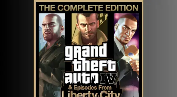 Okładka gry Grand Theft Auto IV: The Complete Edition z postaciami Niko, Johnny'ego i Luisa. Logo PS5.