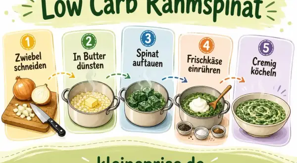 Schritt-für-Schritt-Anleitung für ein leckeres Low Carb Rahmspinat rezept: Zwiebel schneiden, in Butter dünsten, Spinat auftauen, Frischkäse einrühren und cremig köcheln lassen.