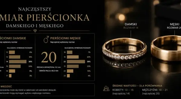 Najczęstszy rozmiar pierścionka damskiego to 14, a męskiego 20. Wykresy pokazują popularność rozmiarów.