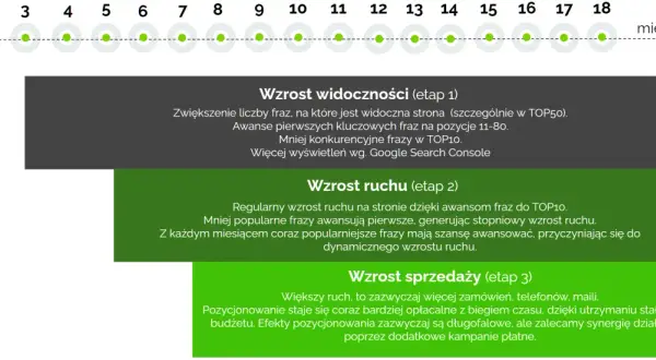 Wykres etapów pozycjonowania stron: wzrost widoczności, ruchu i sprzedaży. Od 1 do 18 miesiąca.