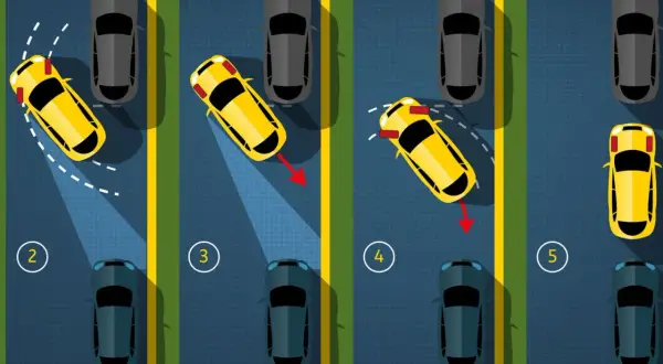 Illustration montrant les étapes pour un stationnement en épi ou en bataille. Une voiture jaune manœuvre entre des voitures grises et bleues.