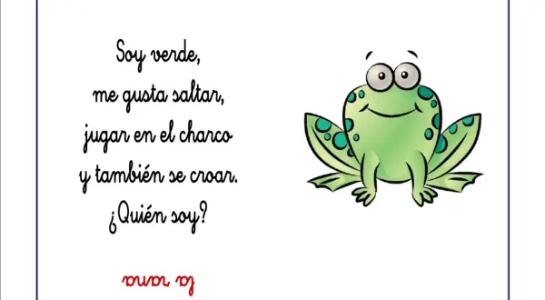 Adivinanzas de animales: Soy verde, me gusta saltar, jugar en el charco y croar. ¿Quién soy? ¡La rana!