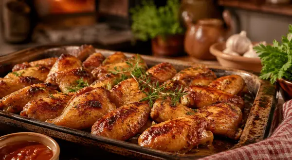Bandeja con alitas de pollo al horno doradas y jugosas, decoradas con hierbas frescas. Al fondo, un fuego crepitante y ajos.