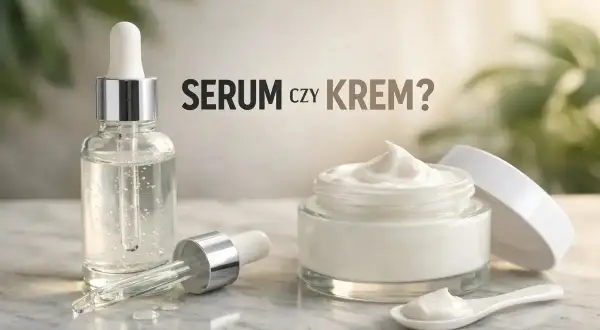 Szklana buteleczka z pipetką pełna klarownego serum obok puszystego kremu w słoiczku. Co to jest serum i jak wybrać między nim a kremem?