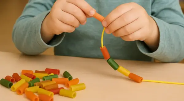Manos de niño ensartando macarrones de colores, desarrollando la escritura manual.